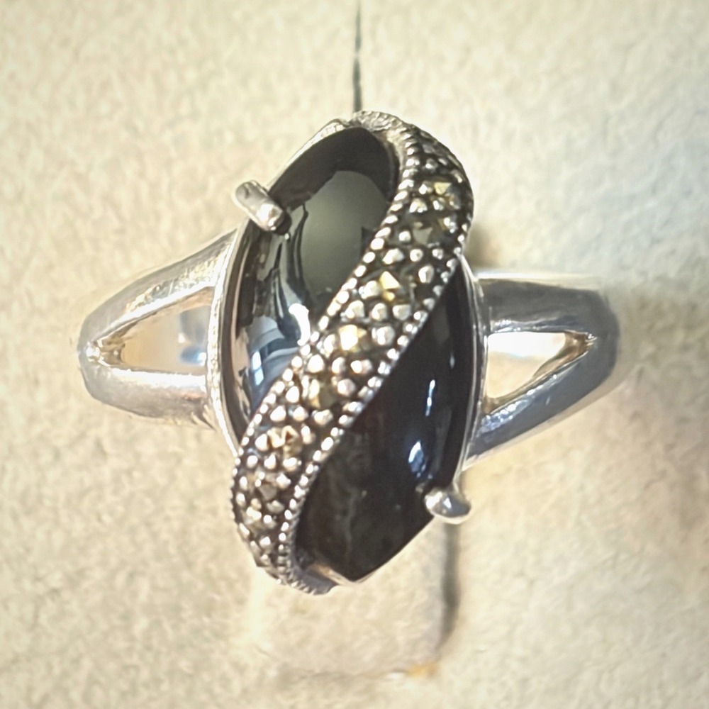 Vintage Sterling Silver Black Onyx Marcasite Art Deco Cocktail Ring Sz 7.5